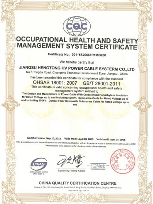 Occupational health and safety management system certificate